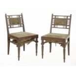 A pair of walnut side chairs,with remnants of original back and upholstered seats, the backs
