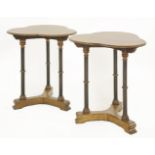 A pair of oak and ebonised side tables, attributed to Charles Bevan, each with a trefoil top and