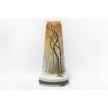 A Daum type cameo glass lamp base/shade, with winter forest scene, on bronze base, 34.5cm high (