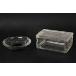 A Lalique style clear glass box and cover, the frosted cover moulded with a nude, 14cm long, and