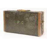 A Goyard shoe case, labelled and numbered '2144' with the latticed design, leather mounted with