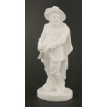 A Komodie white porcelain figure,of a portly merchant, standing on a circular base, with crown