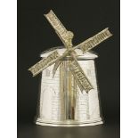 A novelty silver-plated windmill biscuit barrel,with a gilt finial of a sheaf of corn, and an