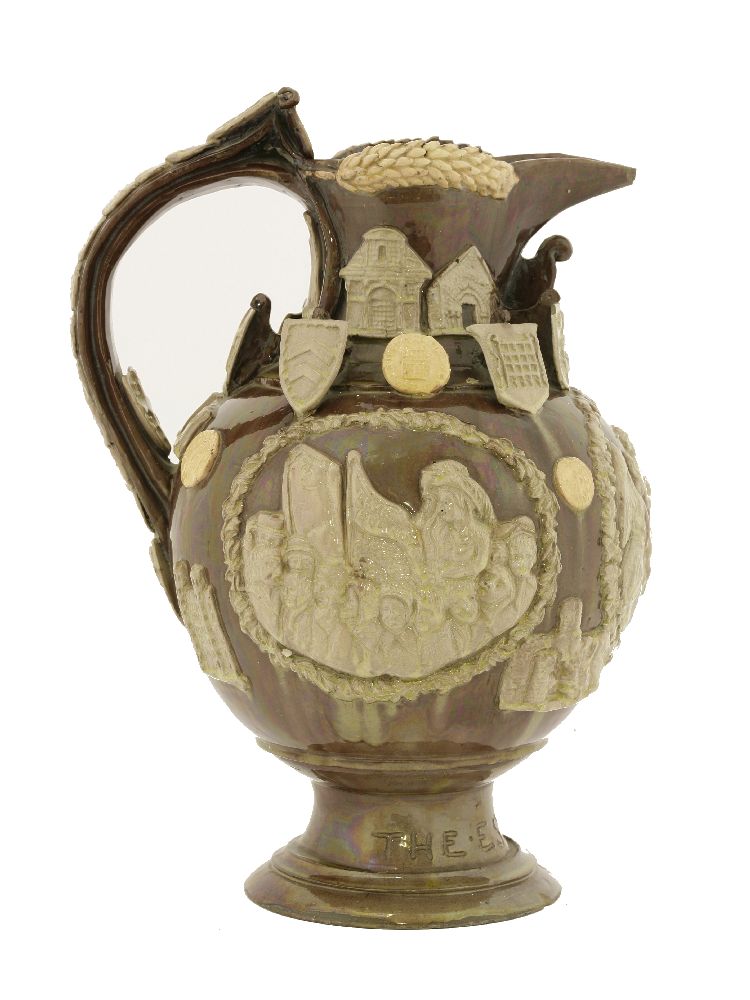 A Castle Hedingham pottery 'The Essex Jug',dated 1890, applied with three panels, arms and roundels, - Image 3 of 4