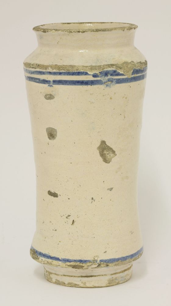 An albarello vase,late 17th century, with blue flower panel over a vacant cartouche, chips,24.5cm - Image 2 of 2