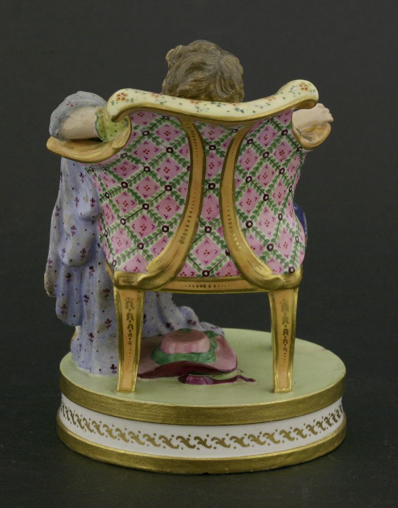 A Minton polychrome ceramic figure,of a young girl lounging on a chair, mounted on a circular gilt - Image 2 of 3