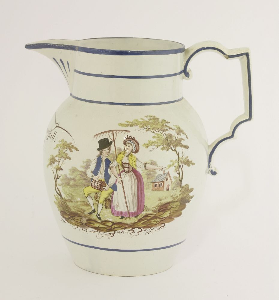 A pearlware 'Church Gresley' jug, c.1800, painted with harvest scenes both sides and inscribed