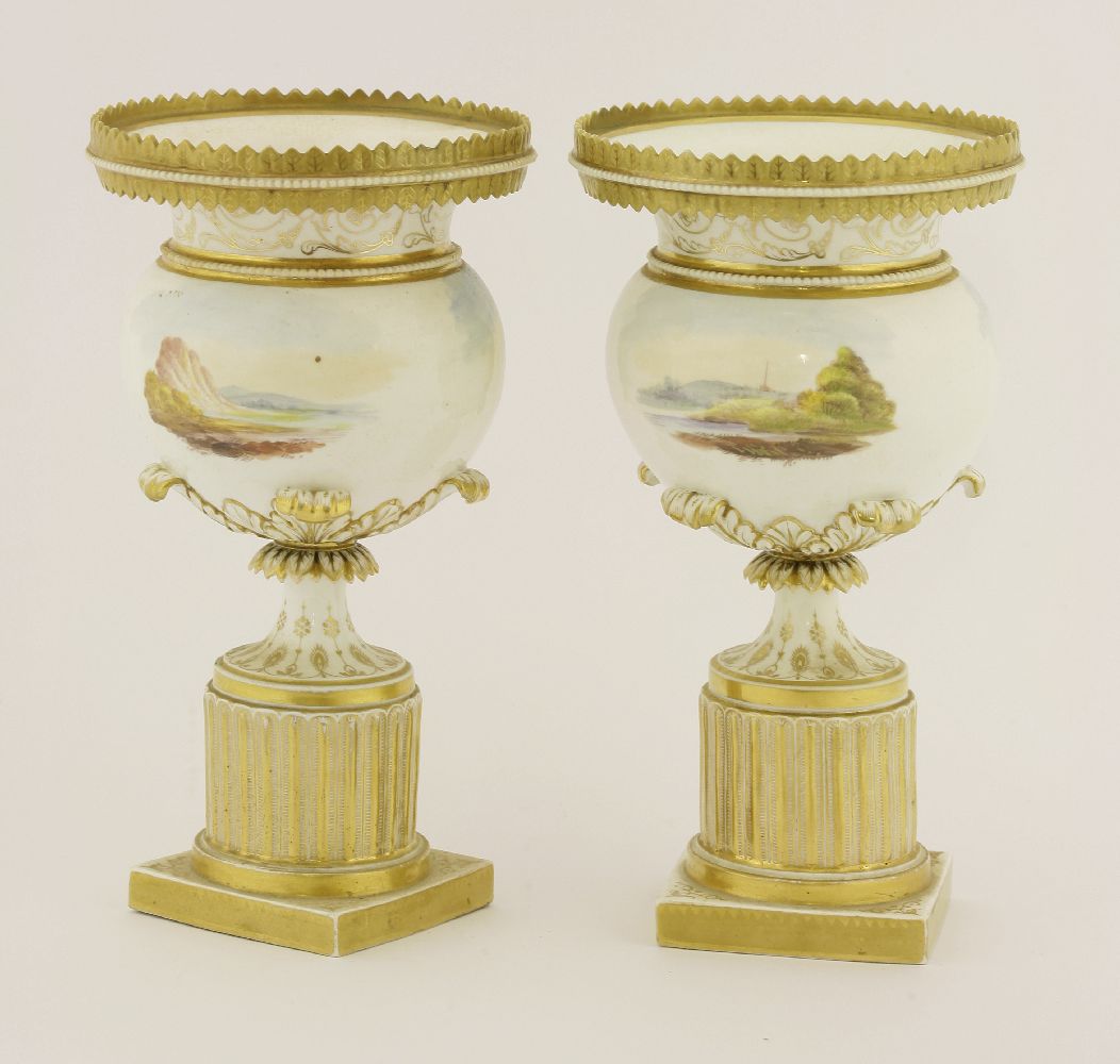 A pair of porcelain urns, both gilt decorated and painted with chickens and turkeys, with landscapes - Image 2 of 2