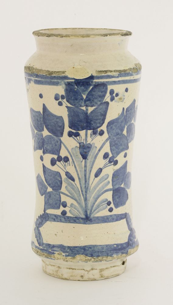 An albarello vase,late 17th century, with blue flower panel over a vacant cartouche, chips,24.5cm