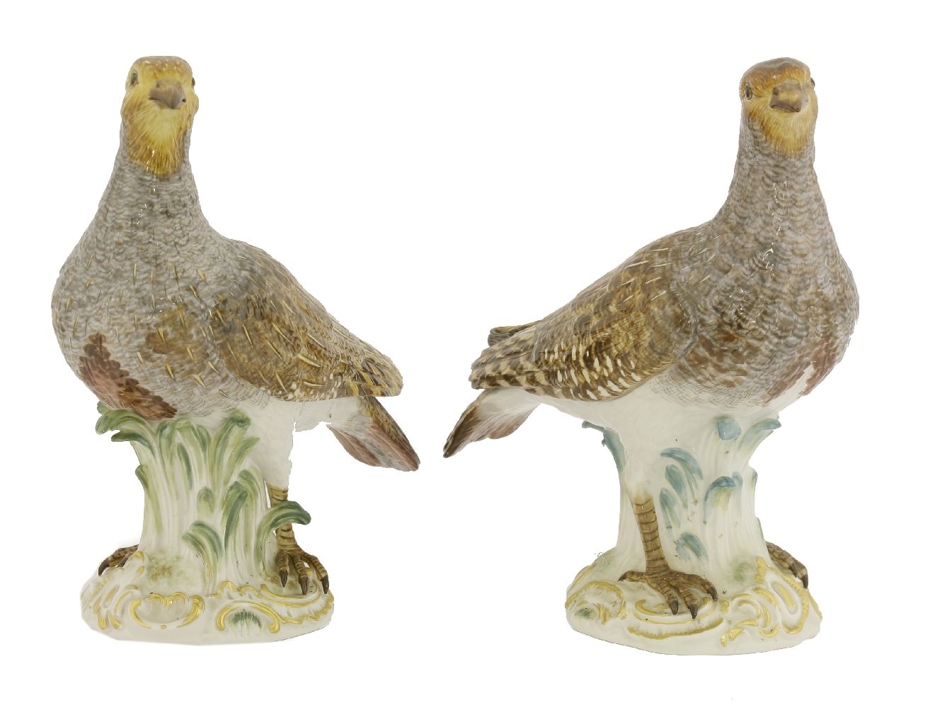 A pair of Meissen porcelain partridges, raised on naturalistic and gilt scrolled bases, crossed