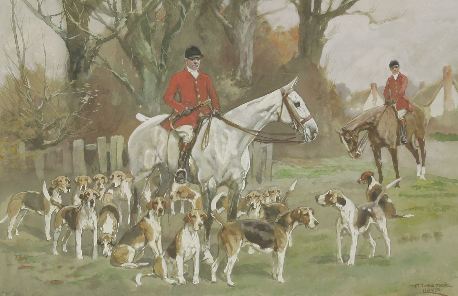 Thomas Ivester Lloyd (1873-1942)HUNTING SCENESThree, all signed l.r., watercolour and gouache33.5