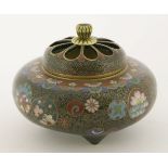 A Japanese cloisonné censer and cover, c.1890-1900, possibly by Manikawa Yasuyuki, the flattened