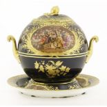 A Vienna porcelain tureen, cover and stand,19th century, of globular form, painted with scenes of