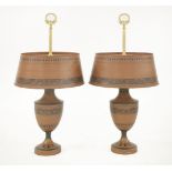 A pair of Etruscan-style toleware table lamps,of urn form, 90cm high (2)