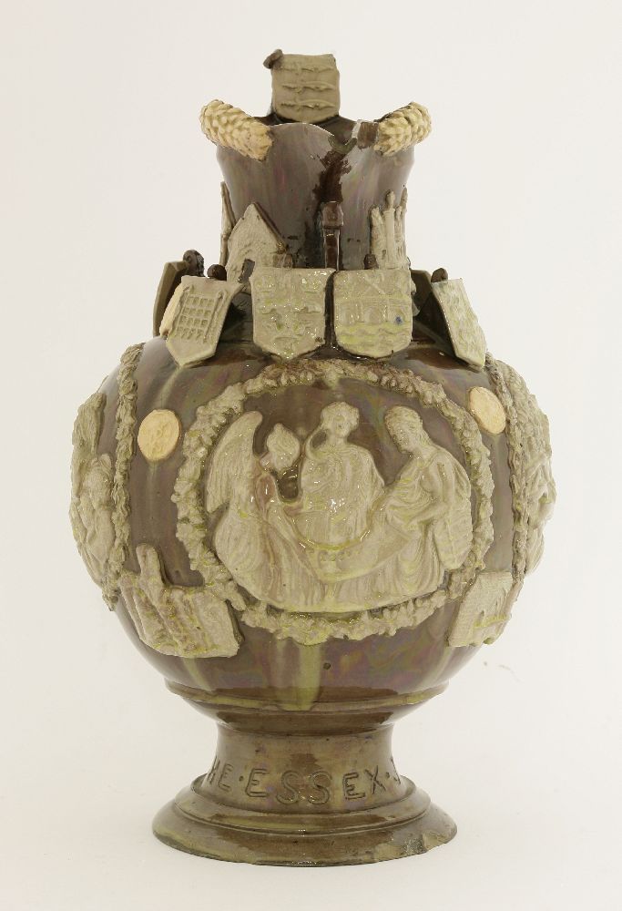 A Castle Hedingham pottery 'The Essex Jug',dated 1890, applied with three panels, arms and roundels, - Image 2 of 4