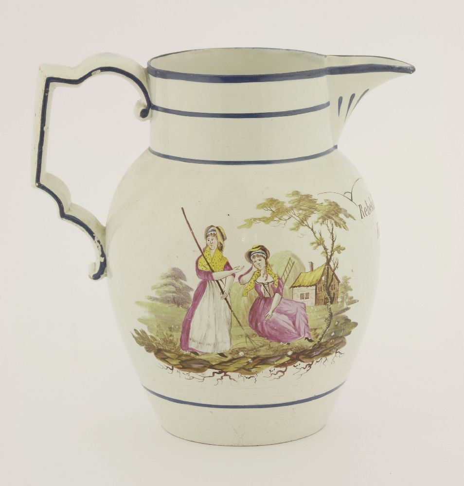 A pearlware 'Church Gresley' jug, c.1800, painted with harvest scenes both sides and inscribed - Image 3 of 3