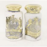 Two apothecary's jars and covers, late 19th century, both with gilt labels, surmounted with either