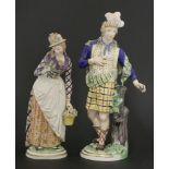 A Derby figure of Donald of the Isles and his female companion,he wears a kilt and plumed hat,