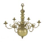 A Dutch brass six-branch hanging chandelier,18th century, with scrolled branches, slotting into