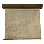 A large wall map of Essex, the hinged top revealing the rolled map, inscribed 'Part the First of The