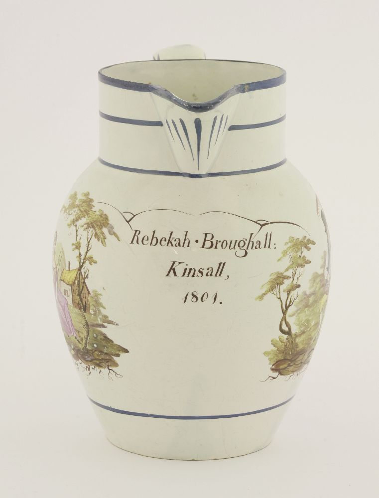 A pearlware 'Church Gresley' jug, c.1800, painted with harvest scenes both sides and inscribed - Image 2 of 3