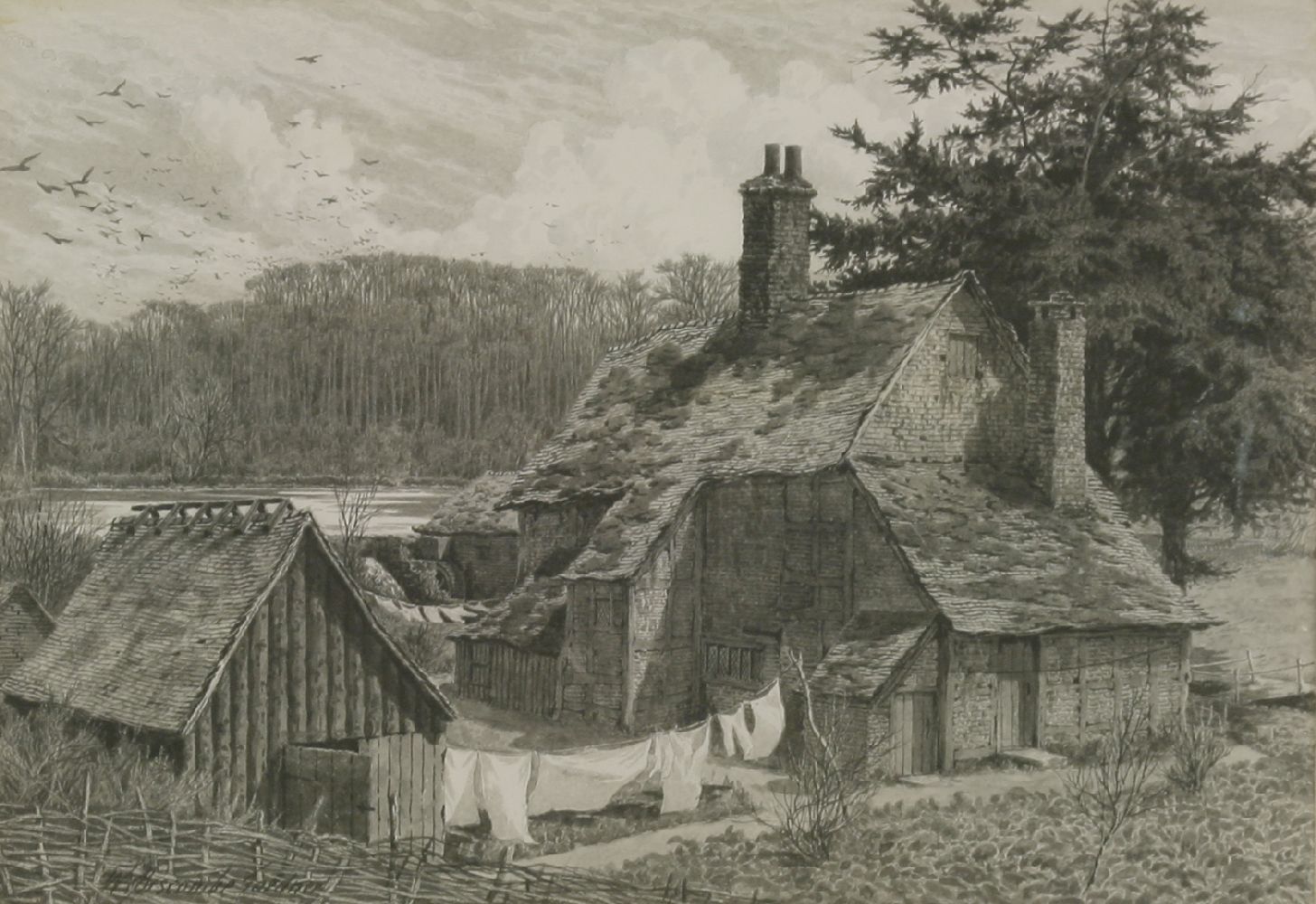 William Biscombe Gardner (1847-1919)A COTTAGE BY A LAKESigned l.l., watercolour en grisaille 17.5