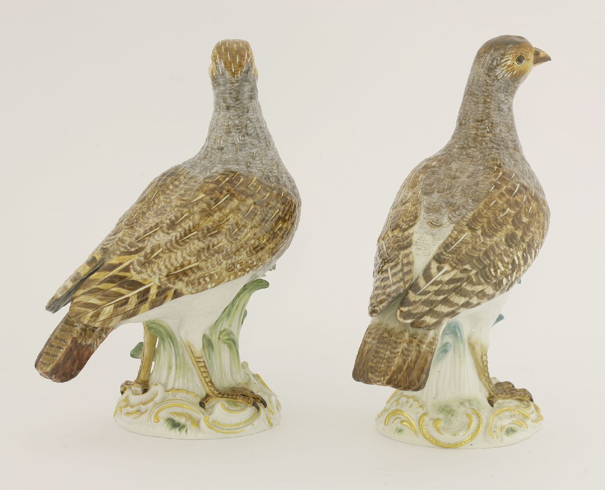 A pair of Meissen porcelain partridges, raised on naturalistic and gilt scrolled bases, crossed - Image 2 of 3