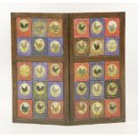 A two-panel screen, 1890s-1910s, mounted with thirty prize cards, 'Auchterarder Poultry Pigeon & Co.