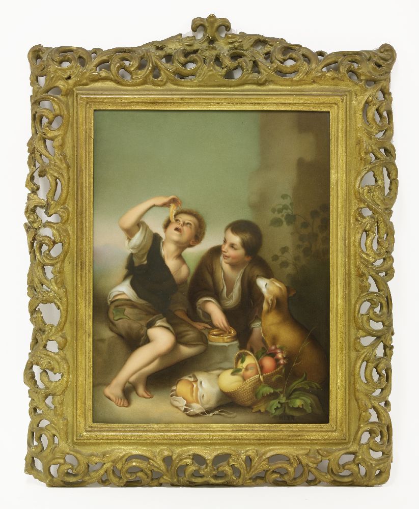 A KPM Berlin porcelain plaque,after Murillo, 'Boys eating fruit (Grape and Melon Eaters)', signed '
