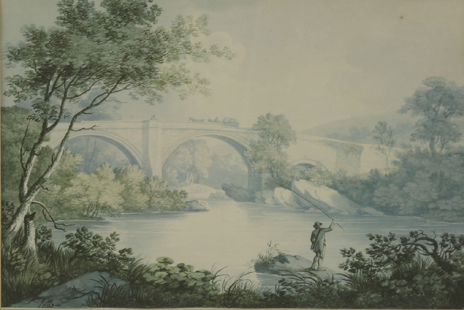 Joseph Halfpenny (1748-1811)BRIDGE WITH A FISHERMAN Signed with initials and dated 1793 l.l.,