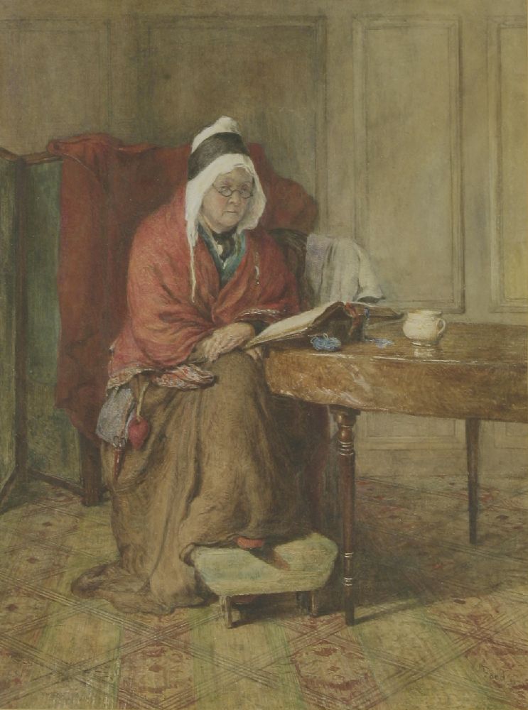 Thomas Faed RA ARSA (1826-1900)AN OLD LADY SEATED BY A TABLE, READING A BOOKSigned and dated 1890