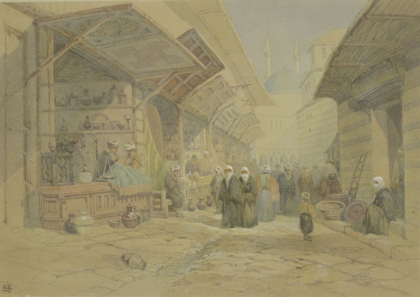 W...S... (late 19th century)FIGURES IN A BAZAAR, PROBABLY ISTANBUL, TURKEYSigned with monogram l.l.,