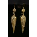 A pair of Victorian, gold, Etruscan-style drop earrings, c.1870,a circular half bead top with an