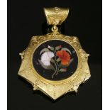 A Victorian Etruscan Revival, gold, pietra dura pendant, c.1870,with a glazed locket verso. A