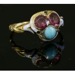 A Victorian gold, almandine garnet and turquoise trefoil cluster ring,with two circular mixed cut