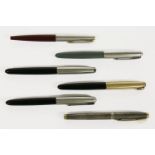 Three Parker 51 fountain pens, with sterling silver Parker 75 and another pen (6)