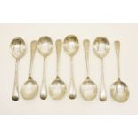 A matched set of eight silver soup spoons, six with marks for Sheffield 1938, and a makers mark of
