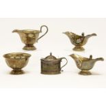 A silver milk jug and sugar bowl, together with a George III silver mustard pot with pierced and