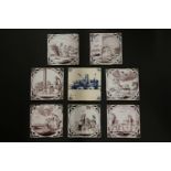 A collection of religious blue and white tin glazed tiles, mid 18th century, manganese and black and