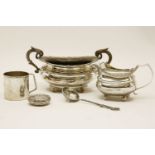 A miscellaneous group of silver, to include an EPNS mug, plated sugar bowl, a Scandinavian spoon,