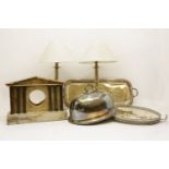 A small quantity of silver plated items, to include covers and trays, and a carved clock case