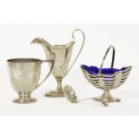A silver christening tankard, hallmarked, together with a silver cream jug, salt, and sifter (4)