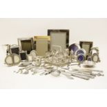 A quantity of various silver and plated items, to include a plated egg cruet, a pair of silver