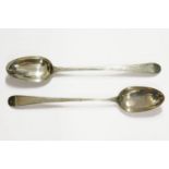 A pair of George III silver serving spoons, by John Lambe c.1780s, with bright cut decoration,