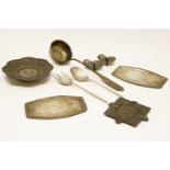 A pair of 800 grade silver salad servers, an 800 grade silver ladle and a small Persian silver dish,