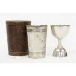 A silver plated travelling set, in a tapering leather case, comprising: a beaker and double ended