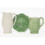 A moulded Sylvac jug, 16cm, a Victorian biscuitware 'corn on the cob' jug, 21cm, and a Wedgwood leaf