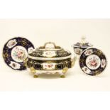 A Derby part service, comprising a soup tureen, four plates, pair of shaped dishes, sauce tureen/