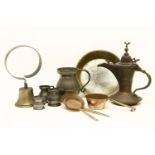 An Arab coffee pot with pierced lid and bird motif, together with four pewter measures, copper horn,
