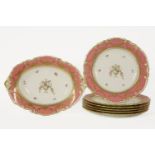 A Royal Crown Derby part dessert service, six plates and one serving dish, 1896-1898, pink
